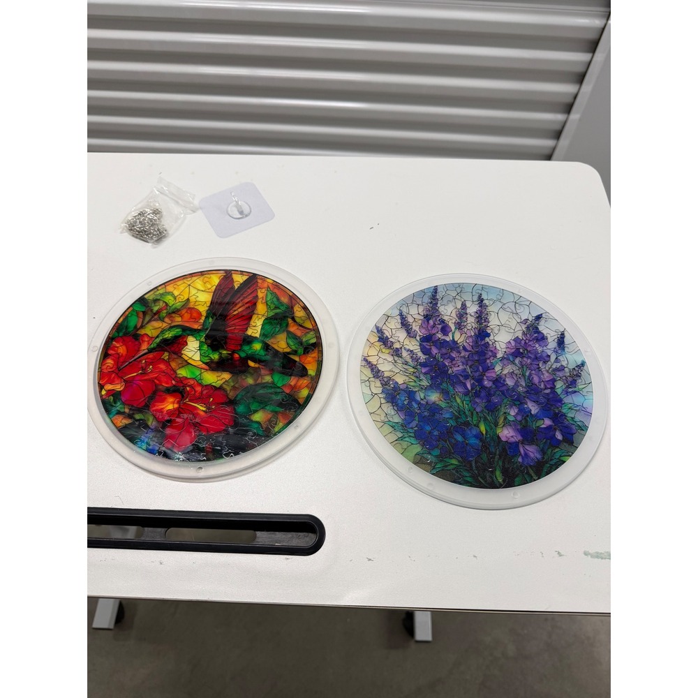 2 pcs Hummingbird & Lavender Stained Glass Style Suncatcher Set Circular Art